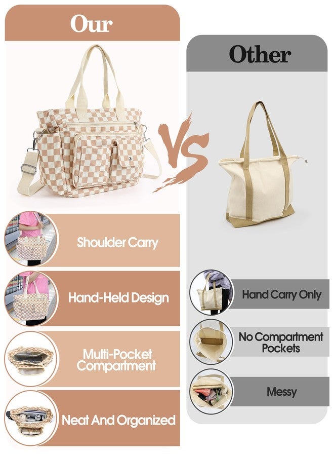 PainZieteg Checkered Tote Bag Bow Bag With Multi Pocket Women Girls Crossbody Corduroy Handbags Purse Work Travel, Brown Plaid Print - Image 5